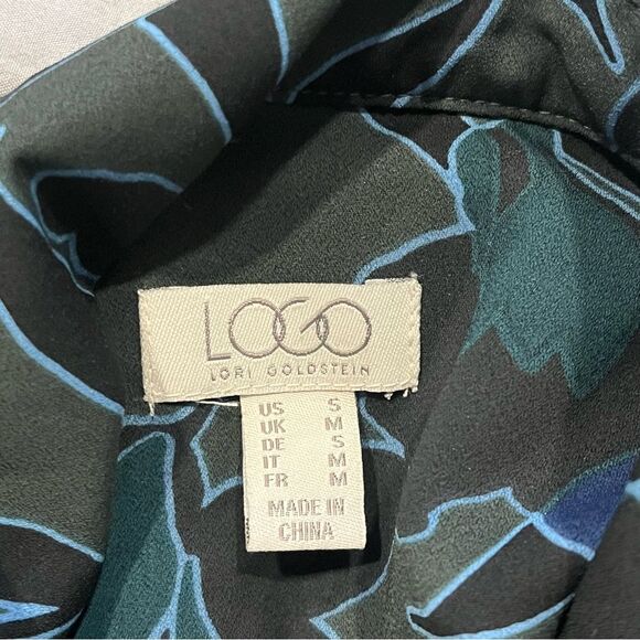 LOGO by Lori Goldstein Stretch Woven Button Front Blouse Green Stencil Small - Picture 7 of 9